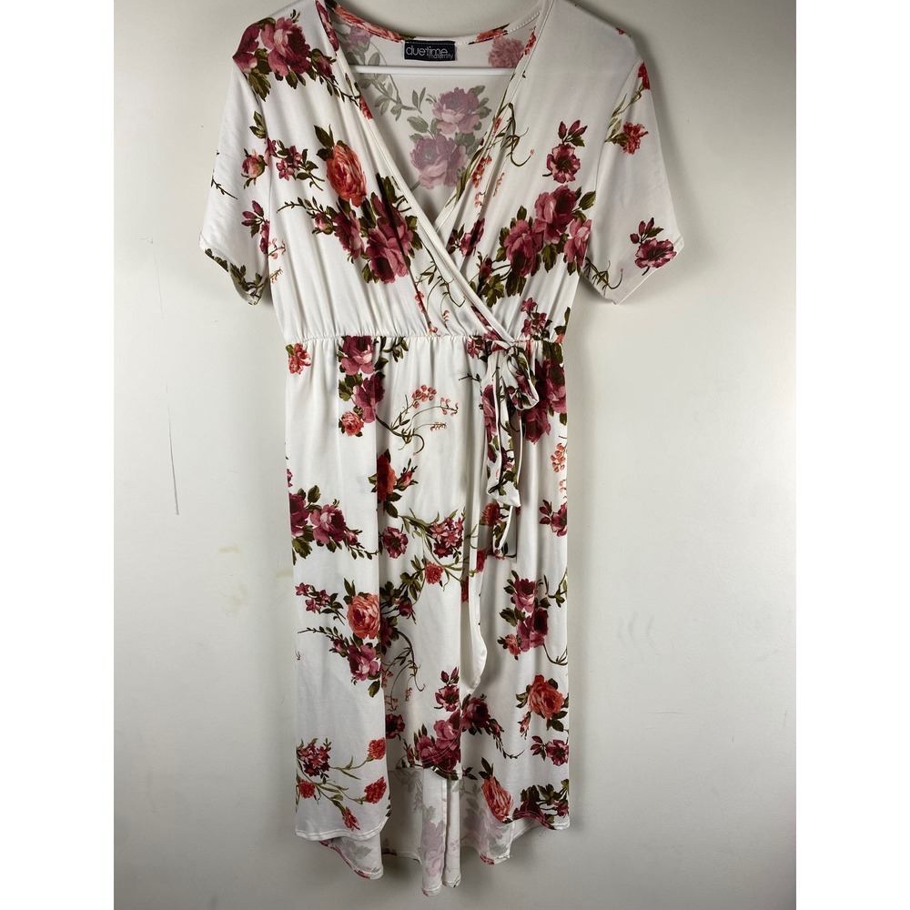 Due Time Maternity Floral Wrap Dress White Pink Rose High Low V-Neck Short Sleev
